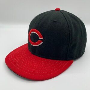 Cincinnati Reds MLB Black Red 59Fifty Fitted Hat Mens 7 3/8 No side NE Logo